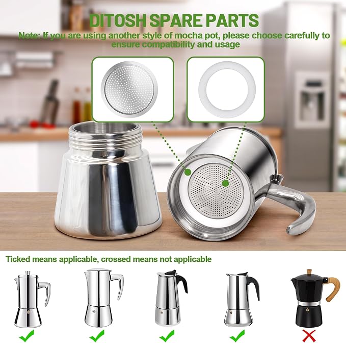 2 Pcs Filter with 3 Pcs Silicone Gasket Seals for 6 Cup Stovetop Espresso Coffee Maker Replacement Parts for 304 Stainless Steel Moka Pot - Image 3