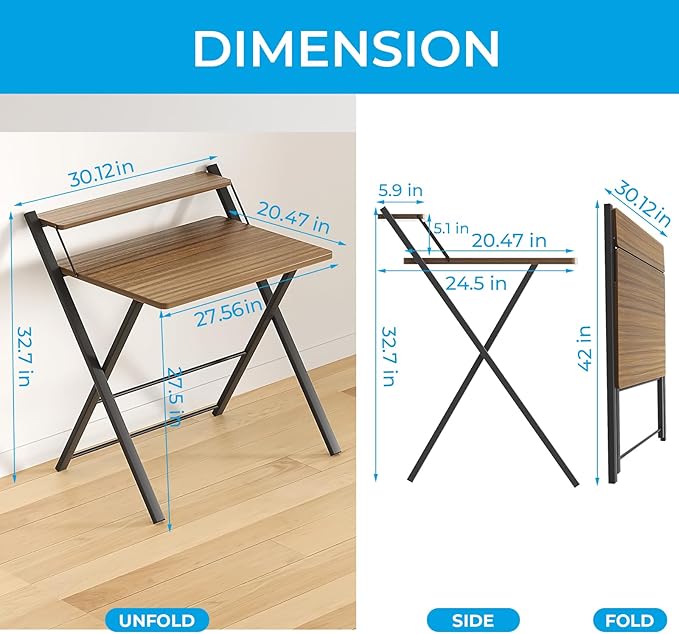 GreenForest Folding Desk No Assembly, Sturdy Computer Desk for Small Spaces | Portable Foldable Table for Laptop, 2-Tier Compact with Shelf, Space Saving for Home Office, Dorm, Apartment, 24"x 30" Walnut - Image 3