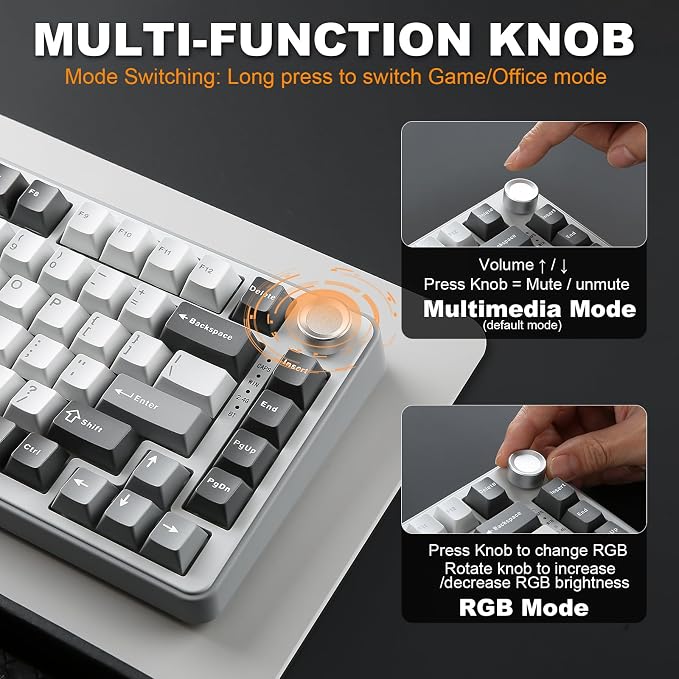 YUNZII B75 PRO 75% Wireless Mechanical Keyboard (Grey, Cocoa Cream V2) | Hot Swap Keyboard with Knob, Gasket Mount, Creamy Pre-lubed Switch for Smooth Typing, BT/USB-C/2.4G, for Gaming - Image 7