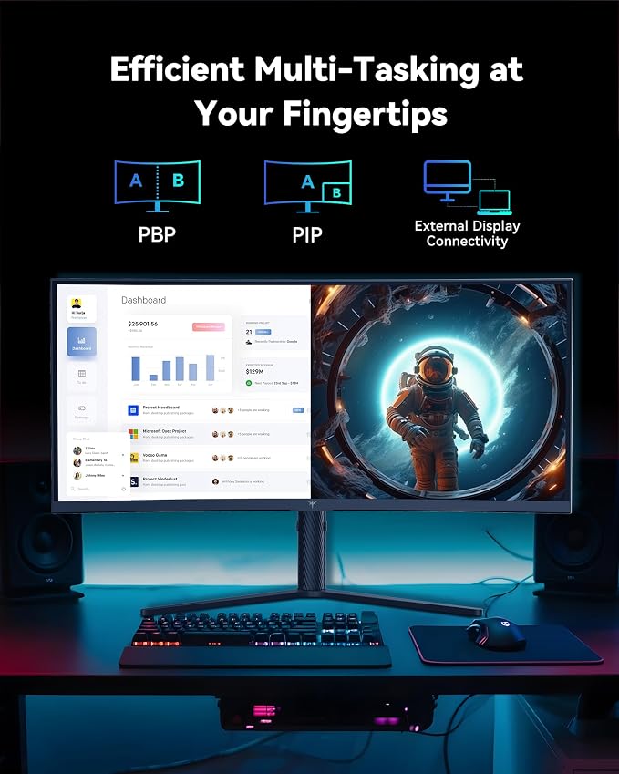 KTC 34 Inch Ultrawide Curved Gaming Monitor, 3440x1440 UWQHD 180Hz, H34S5 | 1500R Curve PC Monitor 21:9, Adaptive Sync, 1ms MPRT, 4000:1 Contrast, PIP/PBP, HDMI&DP, Tilt Swivel Pivot Height Adjustment - Image 7
