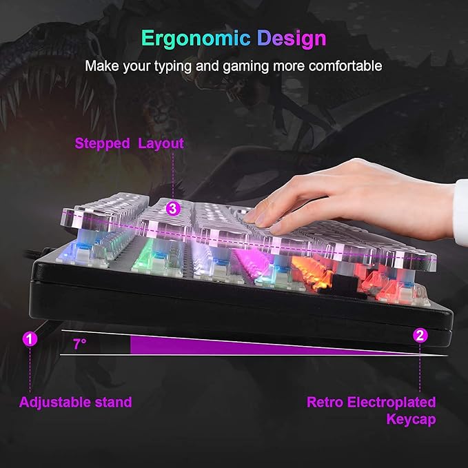 YSCP Typewriter Style Mechanical Gaming Keyboard Rainbow Backlit Wired with Blue Switch Retro Round Keycap 104 Keys Keyboard (L-Black) - Image 4