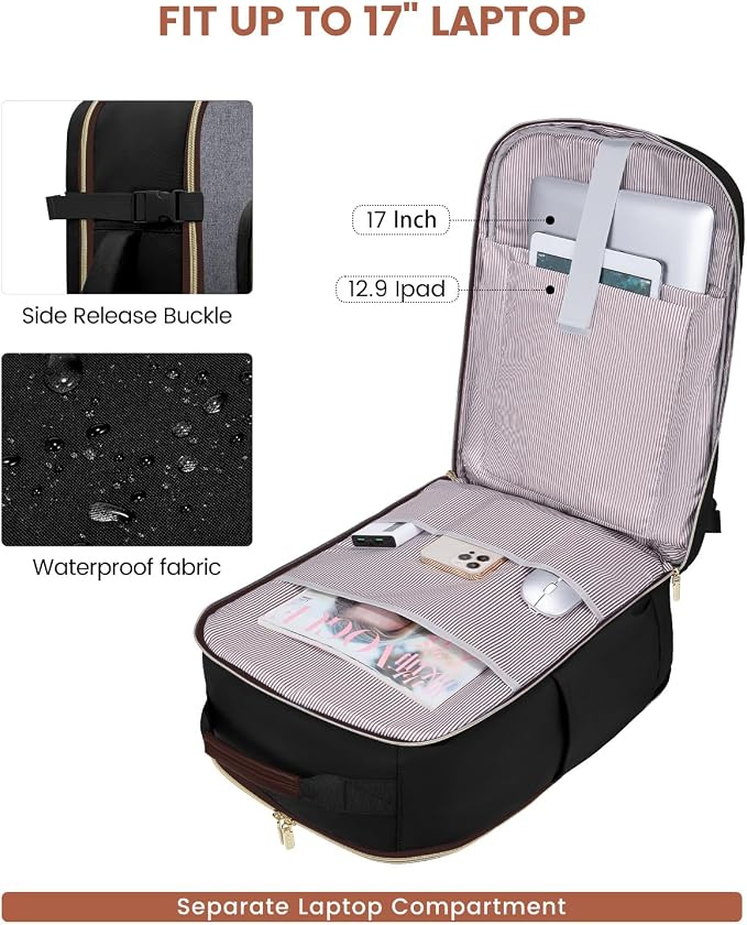 LOVEVOOK 50L Travel Backpack for Women & Men, Airline Approved Carry On Luggage with 3 Packing Cubes, TSA Overnight Bags, Waterproof Personal Item Bag, Weekender Essentials Backpacks fits 17" Laptop - Image 8