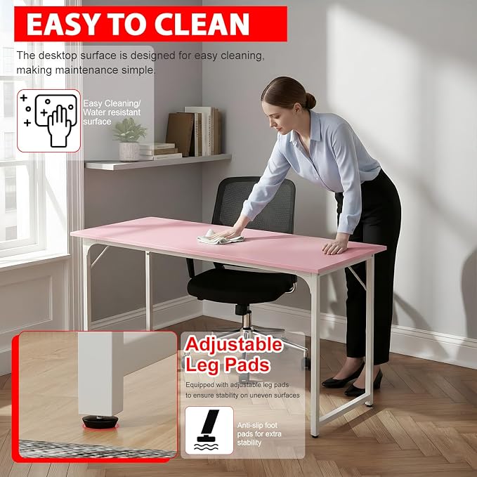 PayLessHere | 55 Inch Computer Desk | Pink | Office Desk with Metal Frame, Adjustable Feet | Water-Resistant, Scratchproof Surface | Sturdy Writing Table for Home Office or Study | Pack of 1 - Image 5