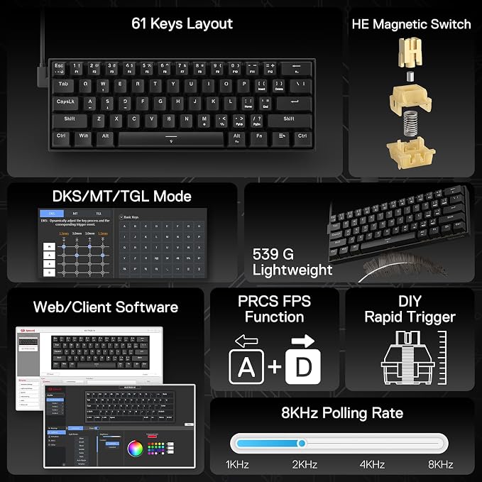 Redragon K617 HE Wired Hall-Effect Rapid Trigger Magnetic Gaming Keyboard | 8K Polling Adjustable Actuation, 61 Keys Design for More Room to Aim, Swap-Ready Socket for Mod, RGB Pro Software Supported - Image 2