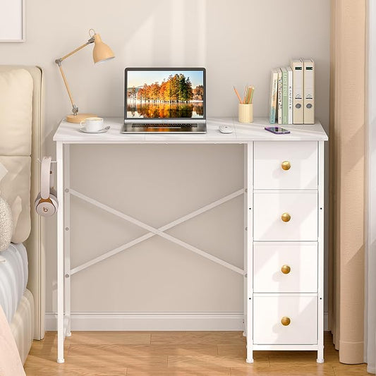 Small White Desk with Drawers for Bedroom, 35.4 Inch Kids Girls Teens Student Writing Desk with Storage, Reversible Study Table, White Computer Desk for Home Office, Makeup Vanity Desk for Small Space by DAOUTIME