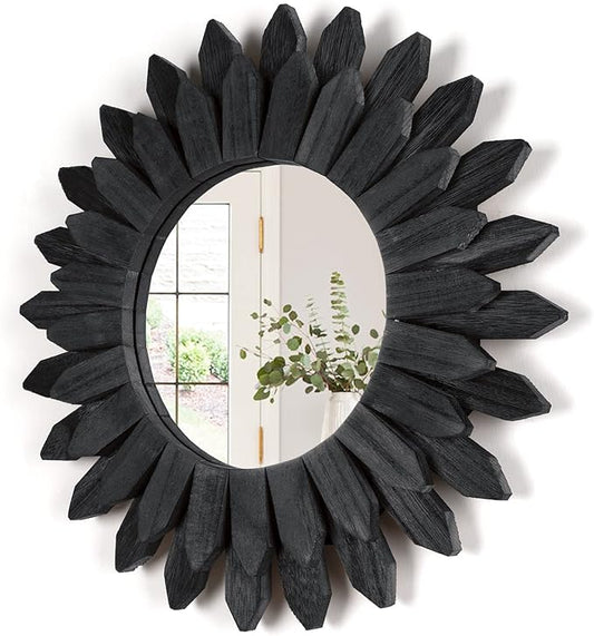 Honiway Black Wall Decor Wall Mirror 12 inch Boho Wall Decor Wood Decorative Mirror for Room Decor Home Decor for Bedroom Living Room Bathroom Kitchen Black by Honiway
