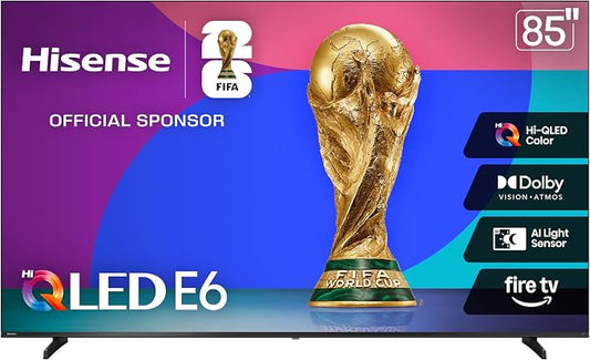 Hisense 85" E6 Cinema Series Hi-QLED 4K UHD Smart Fire TV (85E6QF) - AI Light Sensor, Dolby Vision · Atmos, Voice Remote with Alexa, Motion Rate 120, HDR 10+ Adaptive, Game Mode Plus by Hisense