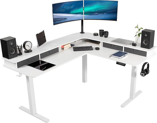VIVO White 63 x 55 in Corner Standing Desk, DESK-E3CVW | Electric, 2-Tier, L-Shaped, Sit Stand, Height Adjustable, Memory, White Top, White Frame, Dark Gray Drawers by Unknown