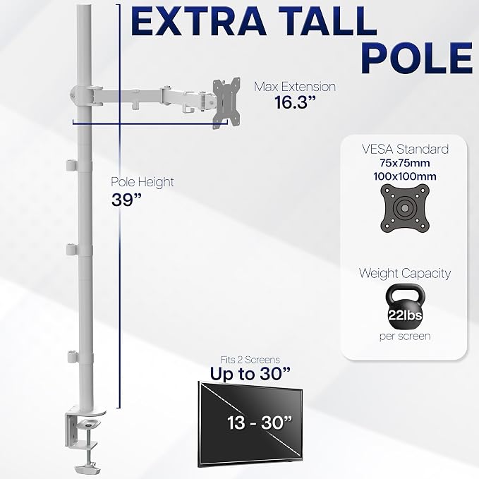 VIVO Extra Tall Single Monitor Desk Mount Stand with 39 inch Pole, Features Full Adjustability - Tilt and Articulation, Holds 13 to 32 inch Screens up to 10kg with VESA Mounting, White, STAND-V011W - Image 4