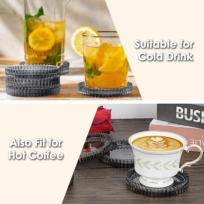 Modern Clear Coaster Set of 5- Glass Coasters for Drinks Crystal Coasters Round Cup Coasters Coffee Table Decor for Office, Kitchen, Bar, Dining Room, Living Room, Patio (Clear Black) - Image 5