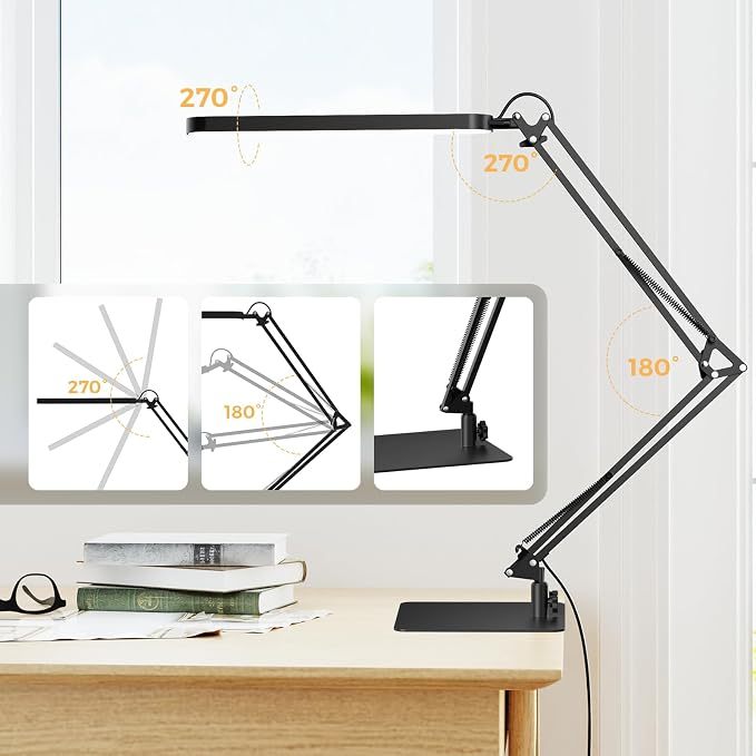 SKYLEO LED Desk Lamp with Slim Base - Adjustable Swing Arm Desk Light, Dimmable, Timer, Eye Protection, Memory Function, 1300LM, 12W, Black - Image 4