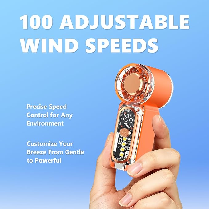 Portable Mini Handheld Fan, 100 Speed Adjustable Pocket Fan with Digital Display, USB-C Rechargeable Personal Fan, Long Battery Life, Small Cooling Fan for Travel(Orange) - Image 2