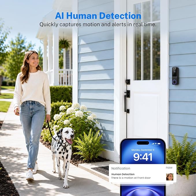 1080p Wireless Video Doorbell Camera with Smart AI Human Detection, Two-Way Audio, Live View, Night Vision, 2.4G WiFi, Battery Powered, App Control, and Cloud Storage for Home, Office & Pet Monitoring - Image 3