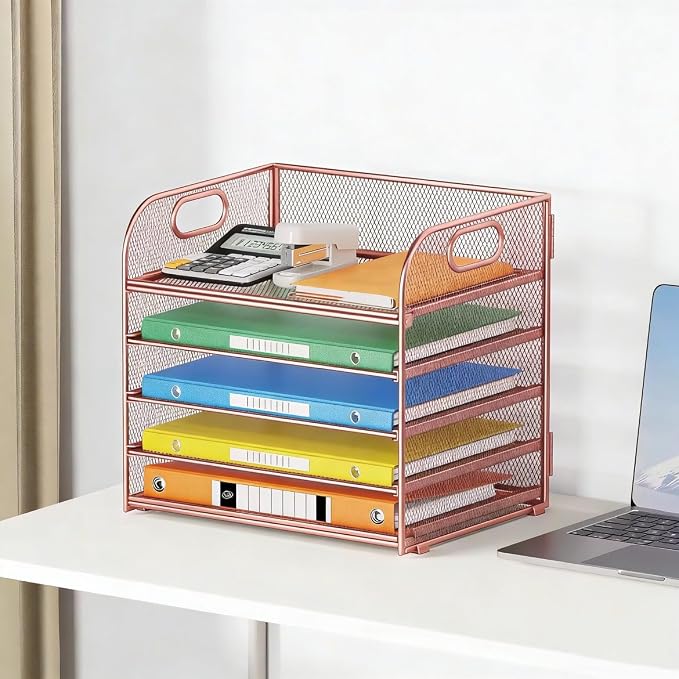 5 Tray Paper Organizer Letter Tray with Handle - Mesh Desk File Organizer, Paper Sorter Organizer for Office, Home or School File Folder Holder - Rose Gold - Image 5