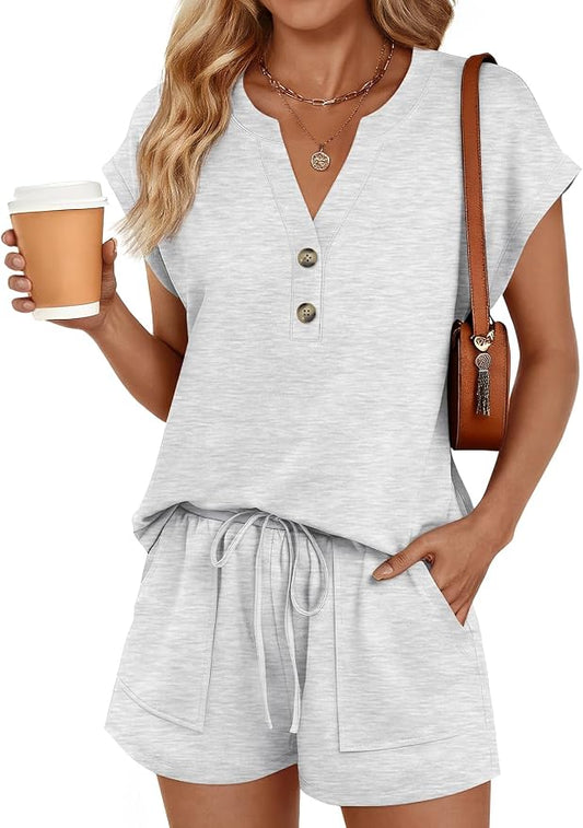 LILLUSORY 2 Piece Summer Set 2026 Henley Top & Drawstring Shorts with Pockets by Lillusory