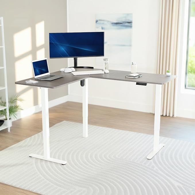 VIVO Dark Gray 63 x 55 in Corner Standing Desk, DESK-E3CTWG | Electric, Reversible L-Shaped Table, Sit Stand, Height Adjustable, Memory Controller, Office Furniture Sets, White Frame - Image 2