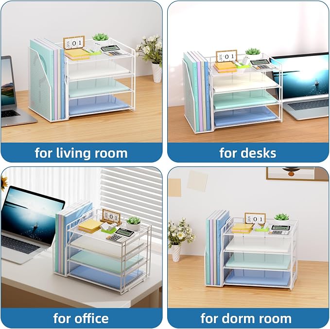 Marbrasse 4-Tier Paper Tray Organizer with File Holder, White | Sturdy Paper Tray, Built-in File Holder, fits Letters/Docs, Saves Desk Space, for School/Office/Home - Image 6