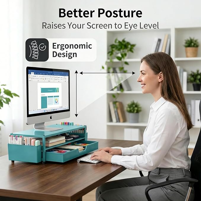 ECOLOVI Desk Organizer and Accessories, 2-Tier Computer Monitor Stand Rise with Storage Drawer & 2 Pen Holders, Laptop & Printer Stand for Desktop, Workspace Organizers for Office Supplies (Blue) - Image 4