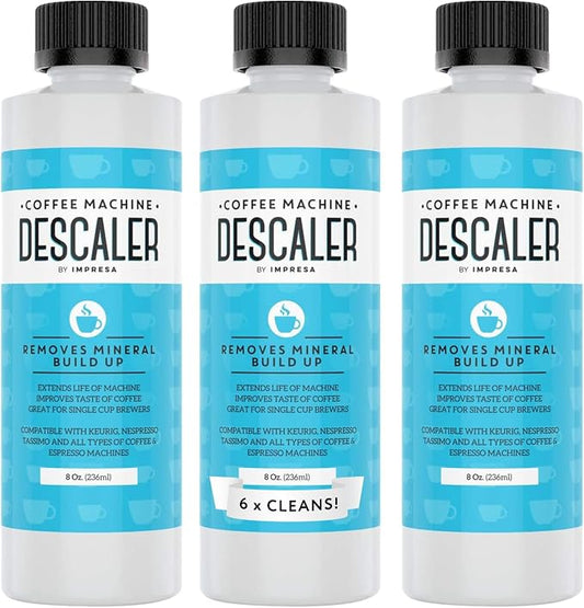 IMPRESA Coffee Machine Descaler - Machine-Safe Formula & Descaling Solution - Universal Descaler for Coffee Maker Compatible with Keurig, Nespresso, Breville & More - 3 Pack, 6 Uses, Made in USA by IMPRESA