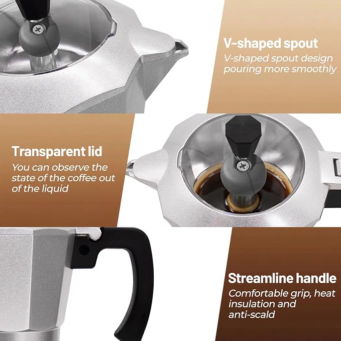 Electric Aluminum Moka Pot 3-6 Cup 150-270ml Espresso Maker | with Detachable Base Ideal Coffee Makers for Home MochaPot Italian and Cuban Café Coffeemaker Espressomaker CoffeePot Silver - Image 5