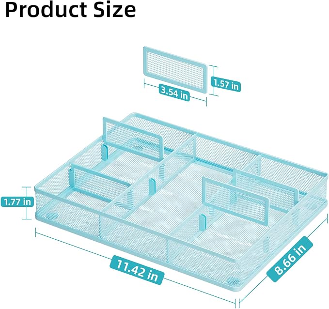 Marbrasse Desk Drawer Organizer, Metal Mesh Drawer Organizer Tray with 5 Adjustable Compartments,Desk Organizers and Accessories for Home,Office,Kitchen,Makeup,Vanity (Blue) - Image 2