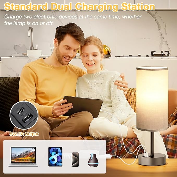Dicoool Bedside Table Lamp for Bedroom - 3-Way Dimmable Touch Lamp, USB A+C | LED Bulb Included, 14" Small Nightstand Lamp for Desk, Living Room, Guest Room, Grey Fabric Lampshade, Grey Metal Base - Image 4