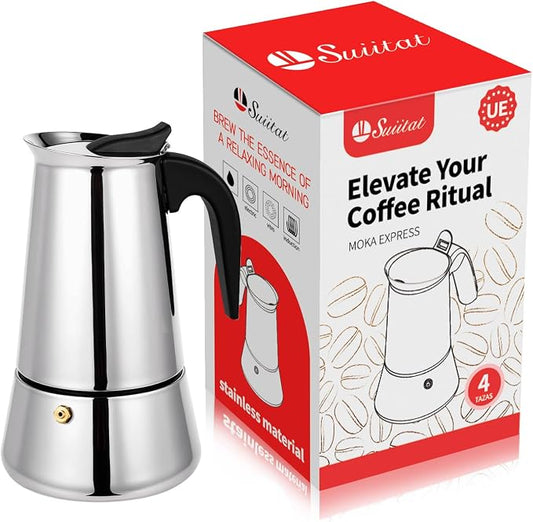 4 Cup Stainless Steel Moka Pot, 200ml Stovetop Espresso Maker, Silver by Suiitat