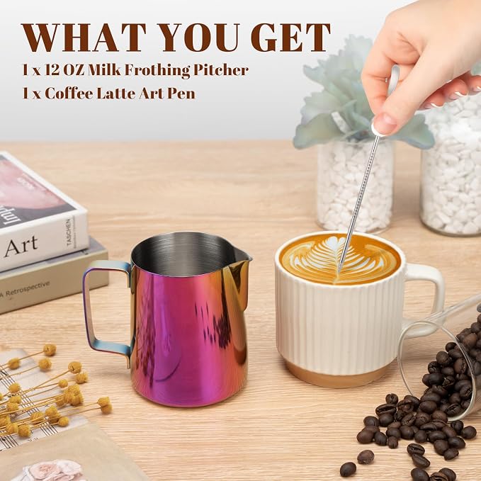 Amrules Milk Frothing Pitcher, 12 oz Milk Frother Cup with Clear Scale, 304 Stainless Steel Cappuccino Espresso Machine Accessories for Barista Coffee Bar with Latte Art Pen, Multipurple - Image 2