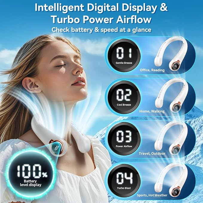 BNBZ Portable Neck Fan, 6000mAh Rechargeable Fan Blows Cold Air with LED Display, 4 Speeds, 20H Runtime, Quiet Wearable 360° Personal Cooling Fan for Outdoor Travel Work Gym,Fireplace Fans-White - Image 3