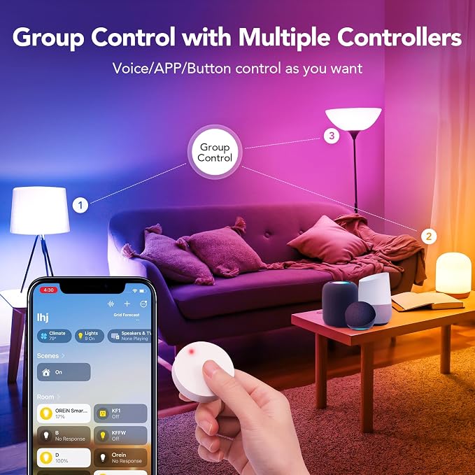 OREiN Matter Smart Light Bulb, Smart Light Bulbs with Remote Control Work with Apple Home, Alexa, Google Home, SmartThings, Color Changing Light Bulbs 2.4Ghz WiFi, 800 Lumens Equivalent 60W 4Pack - Image 6