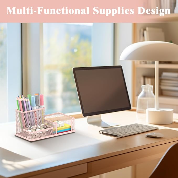 SUPEASY Mesh Pen Holder Desk Organizer, Office Supplies Pencil Storage with 3 Compartments, Office Desk Accessories and Workspace Organizers for Home School Classroom, Pink - Image 6