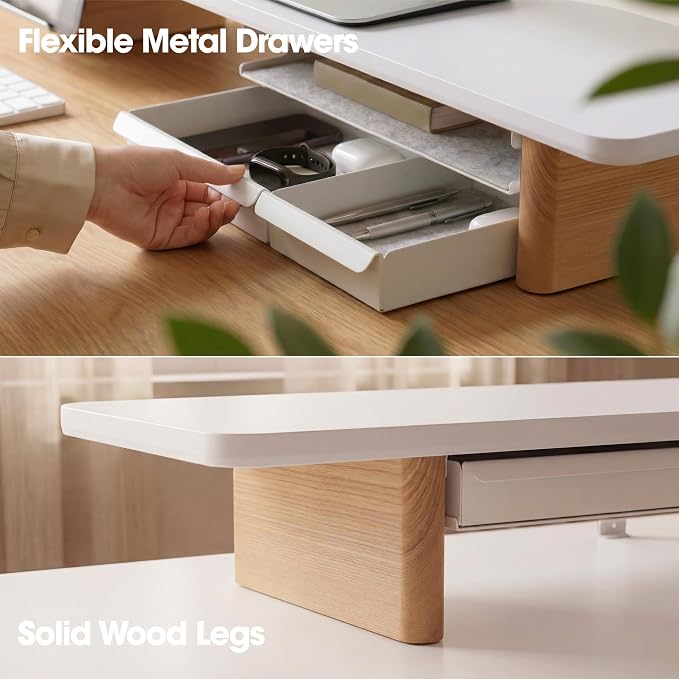Fenge 42.5" Monitor Stand with Storage Drawers, Minimalist Monitor Riser with Solid Ash Legs and Cable Management, Wooden Desk Shelf for Home Office Workspaces, White - Image 3