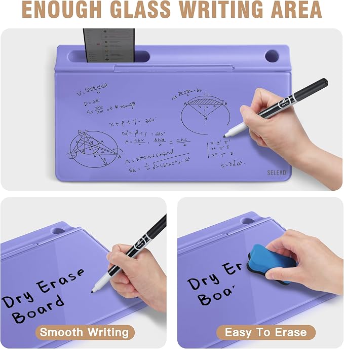 SELEAD Desktop Glass Whiteboard with Storage, Small Dry Erase White Board Computer Pad Keyboard Stand for Home, School, Office Desk Accessories - Purple - Image 3