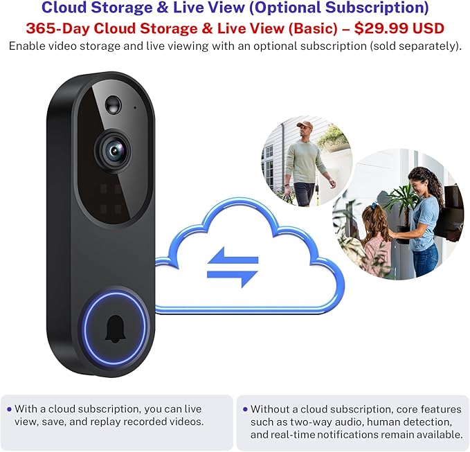 1080p Smart Wi-Fi Doorbell Camera with Doorbell Receiver, AI Motion Detection, Night Vision, Cloud Storage, 2 Way Audio, Battery Powered, 2.4GHz Wi-Fi Only - Image 6