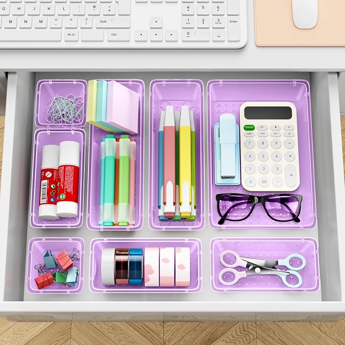 12 PCS Drawer Organizer Set, Makeup Organizers, Tool Storage Trays, Pueple | 4 Sizes, Plastic, Stackable, Multiple Gadgets, Desk Drawer Divider Organizers, for Makeup, Office Supplies Storage - Image 6
