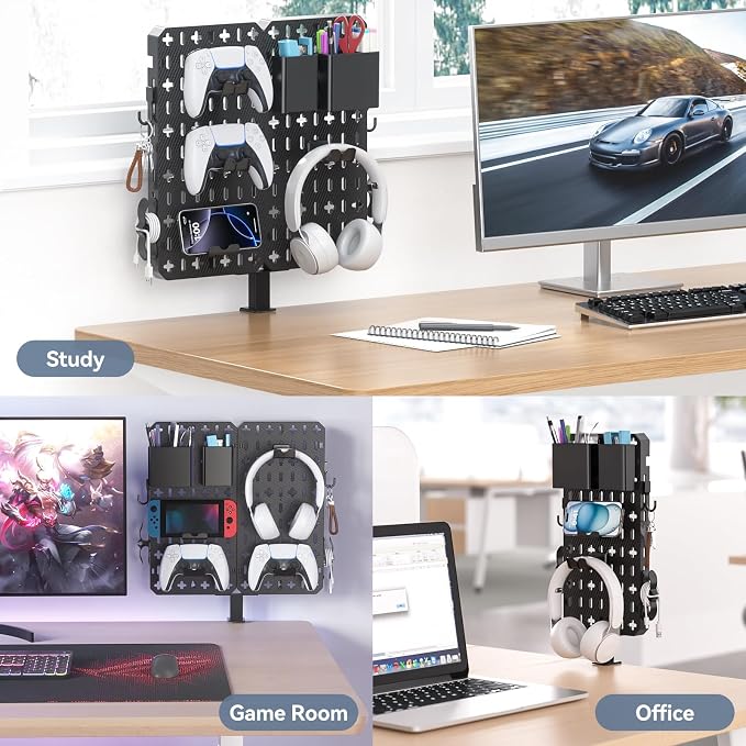 KDD 7 in 1 Clamp-on Desk Pegboard - No Drill Desk Side Storage with Phone Stand/Pen Holder/Storage Box/Headset & Controller Holder/Hooks, Detachable Gaming Pegboard for Office & Home Desktop Organizer - Image 8