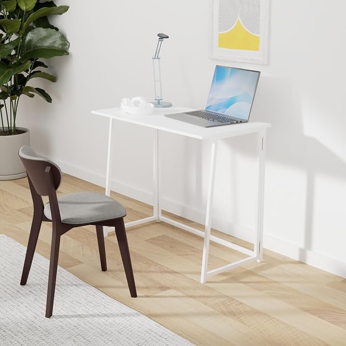 4NM 31.5" Small Folding Desk, Foldable Computer Home Office Desk, Study Writing Table for Small Space Saving Bedroom, Easy Assembly - All White - Image 2