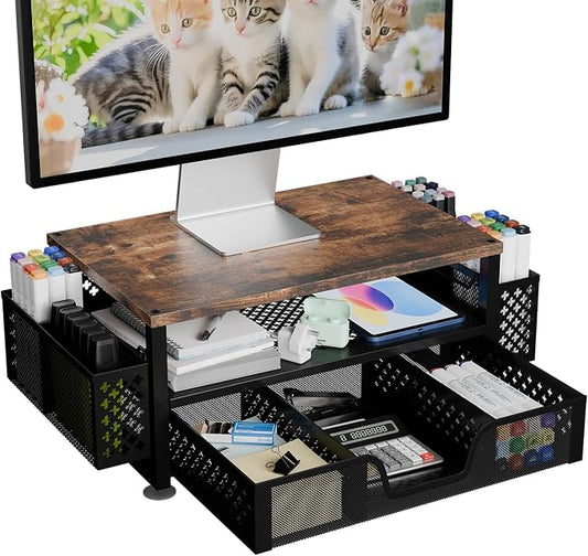 Simple Trending 2-Tier Wood Monitor Stand with Drawer & 2 Pen Holders | 20"W x 10"D x 5.8"H. Wood + metal frame, holds 100 lbs. 2-tier + drawer + pen holder. Non-slip base. Easy assembly. by SimpleTrending