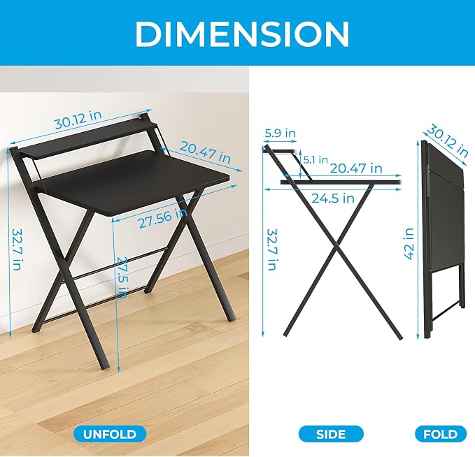 GreenForest Folding Desk No Assembly, Sturdy Computer Desk for Small Spaces | Portable Foldable Table for Laptop, 2-Tier Compact with Shelf, Space Saving for Home Office, Dorm, Apartment 24.5"x 30" Black - Image 3