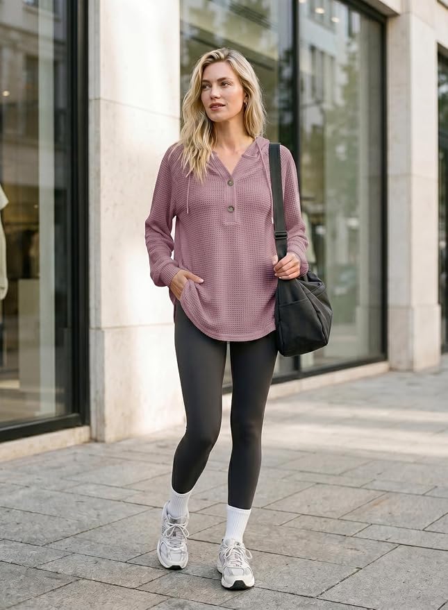 Dokotoo Hoodies for Women Waffle Knit Long Sleeve Drawstring Button V Neck Casual Sweatshirt Hooded Tops Fashion Clothing - Image 4