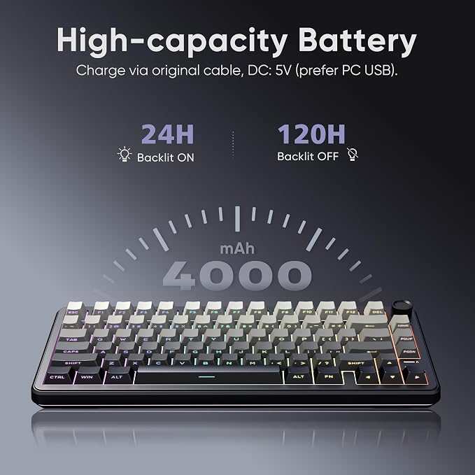 RedThunder K75 Wireless Mechanical Gaming Keyboard, 75% Hot Swappable Creamy Keyboard with Knob, RGB Backlit, Pre-lubed Linear Switches, Side Engraved PBT Keycaps, Wireless/Wired/BT5.0, Gradient Gray - Image 7