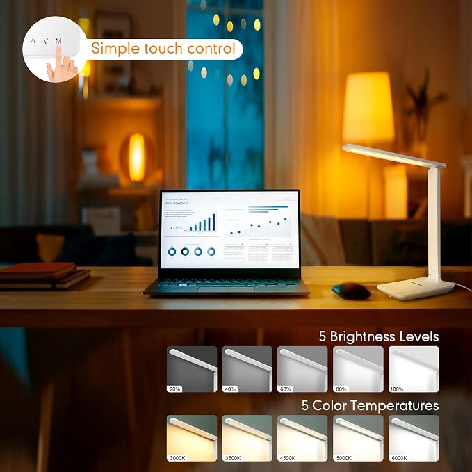 White crown LED Desk Lamp with 15W Wireless Charger & USB Port, Dimmable Table Lamp with 5 Lighting Modes, Sensitive Touch Control, Foldable & Portable Desk Light for Home, Office, Bedroom, Reading - Image 2