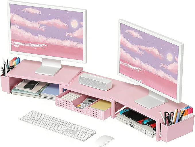 OPNICE Desk Organizers and Accessories, Dual Monitor Stand Riser with Drawer and 2 Pen Holders, Desk Shelf Wood Computer Racks for Office Workspace Organizers, Desktop Organization (Pink Wood) by OPNICE