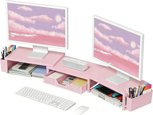 OPNICE Desk Organizers and Accessories, Dual Monitor Stand Riser with Drawer and 2 Pen Holders, Desk Shelf Wood Computer Racks for Office Workspace Organizers, Desktop Organization (Pink Wood) by OPNICE