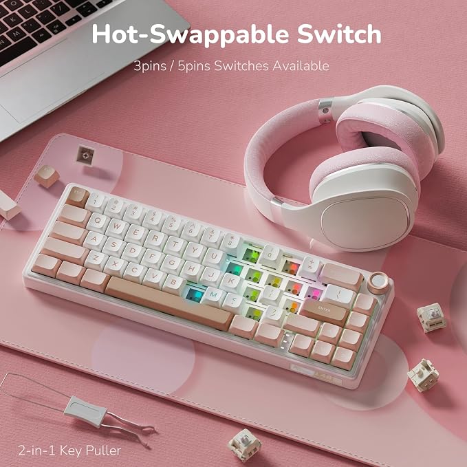 RK ROYAL KLUDGE R65 Wired Mechanical Keyboard with Volume Knob, 60% Percent RGB Backlit Gasket Mount Gaming Keyboard with PBT Keycaps, MDA Profile, QMK/VIA, 66 Keys Hot Swappable Cream Switch, Pink - Image 5