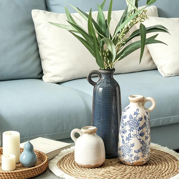 Ceramic Vase Set of 3 with Handle, Vintage Rustic Vases Home Decor Farmhouse Decorative Vase Pottery Decor Modern for Table Mantel Entryway Bookshelf Living Room Kitchen Bedroom - Blue - Image 7