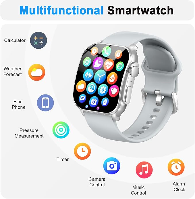Smart Watch, 2.01" AMOLED Curved HD Full Touch Screen, Compatible with iOS & Android for Daily Workout Business Gift, Fitness Tracker with 24/7 Heart Rate/Sleep Monitor, IP68 Waterproof Watch Gray - Image 7