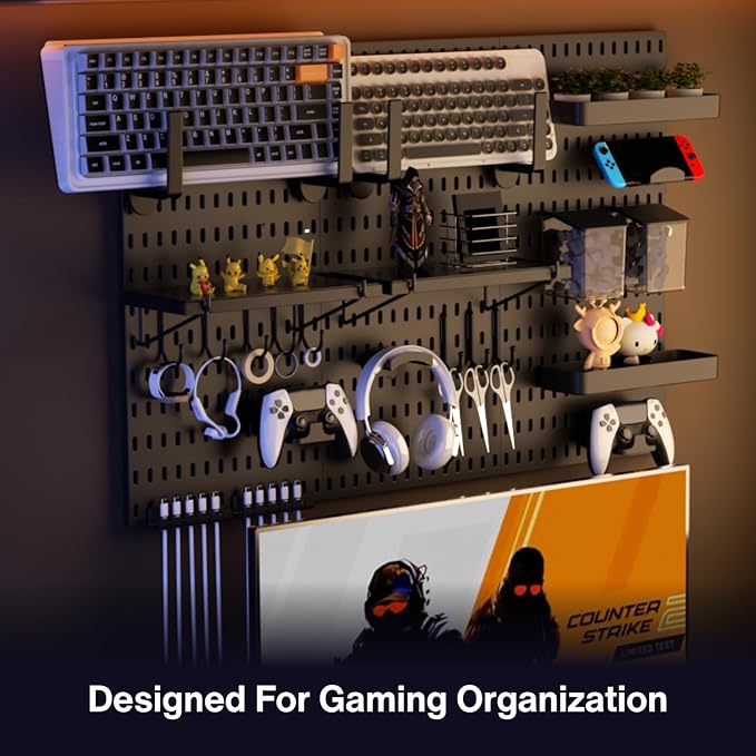 Keepo Peg Board Wall Organizer for Gaming Setup, Pegboard with Adhesives & Screw Mounts, Includes Peg Board Accessories for Gaming Accessories, Tech Storage & Office Organization (Black, 33″×22″) - Image 2