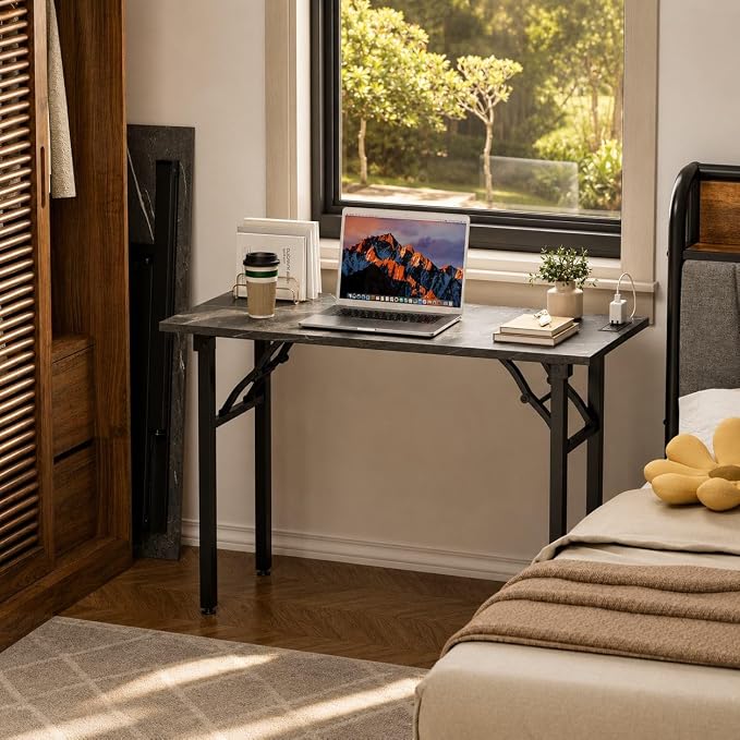 Folding Table Computer Desk - 43.3" No Assembly Folding Desk with Power Outlets & USB Charging Port, Small Desk, Foldable Office Desk, Compact Storage Portable Use for Small Space, Marble Greige - Image 2