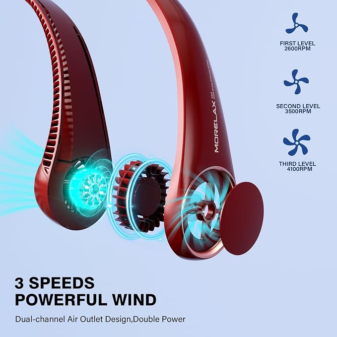 Morelax Neck Fan, USB Rechargeable Personal Fan,Hand Free Bladeless Portable Fans,4000 mAh, 3 Speeds,72 Air Faster softer 360° Cooling, Gift Suitable for Home, Office, Travel, Sports Red - Image 3